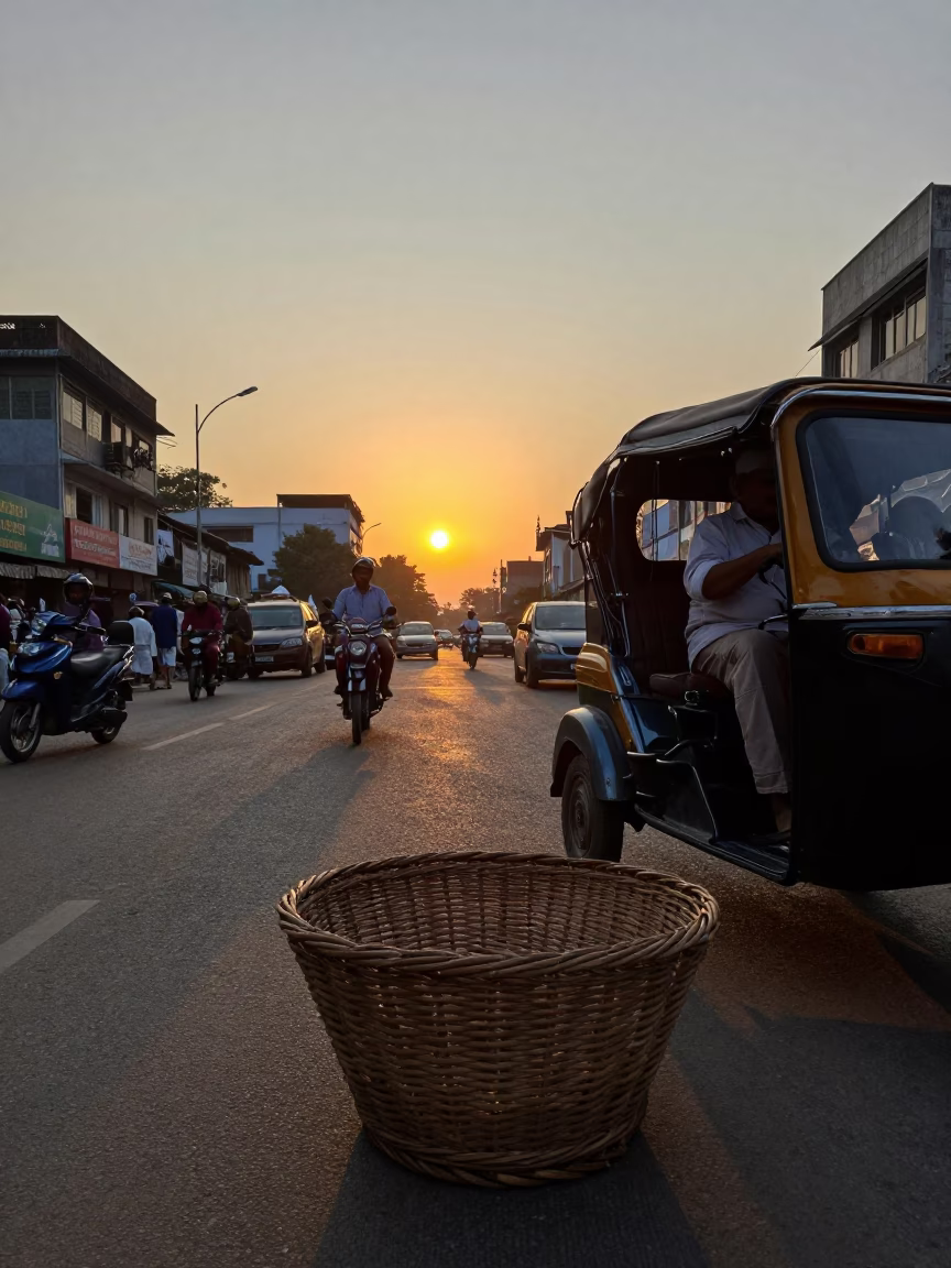 Hyderabad India Street Scene at Sunset with Wicker Basket and Mechanical Pencil in in Hyderabad, India