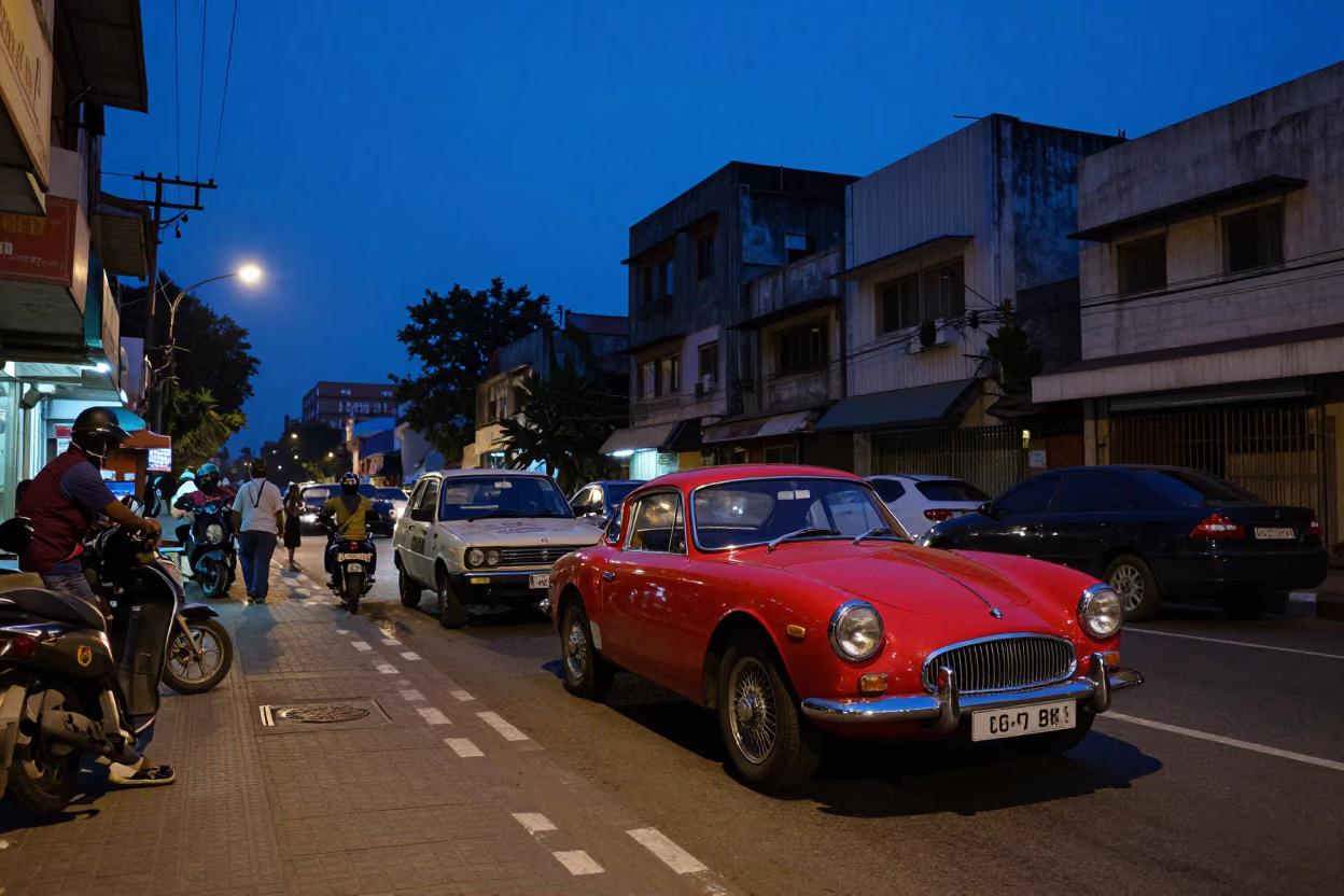 Hyderabad India Street Scene at Twilight with Vintage Red Sports Car and Palm Trees in in Hyderabad, India