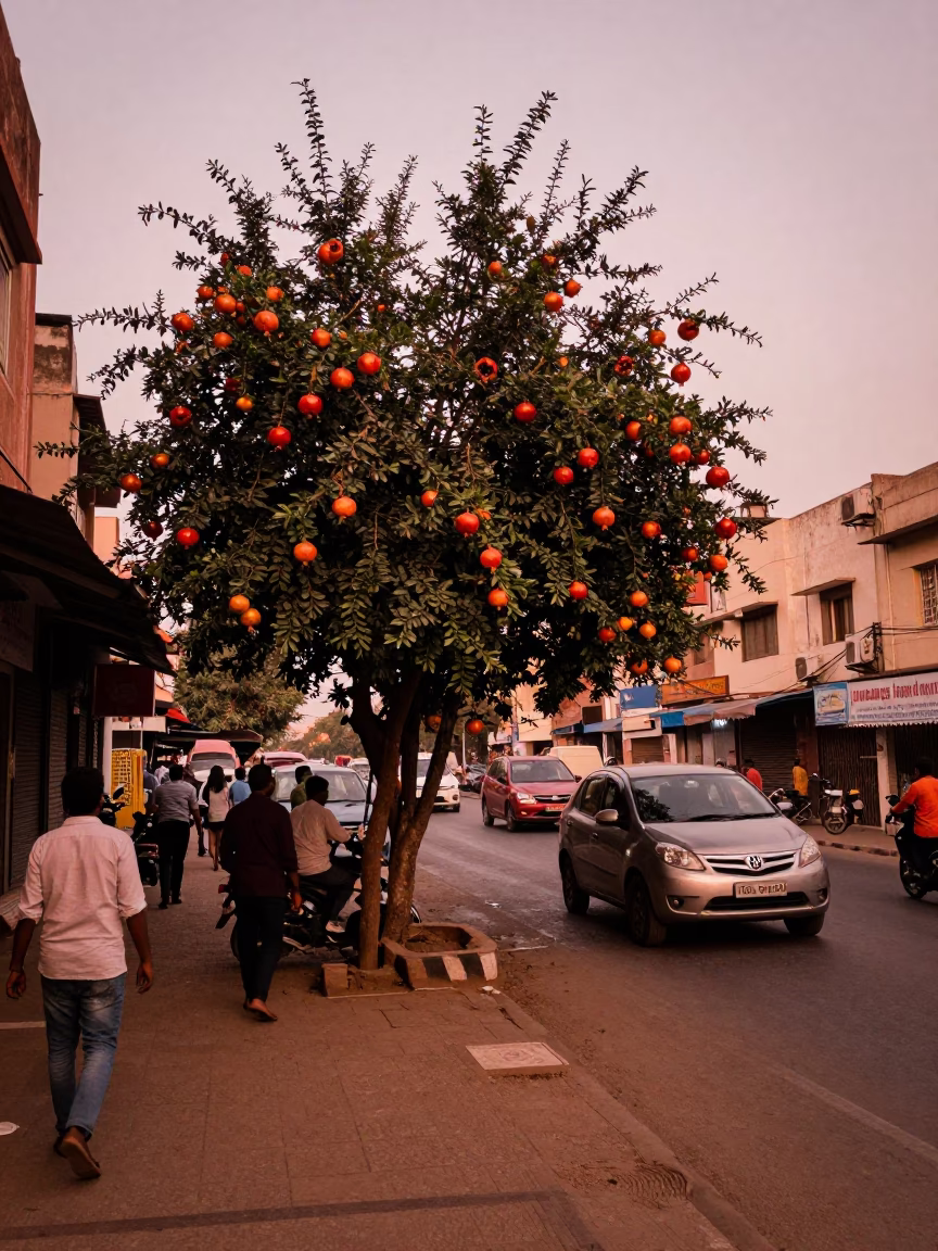 Hyderabad India Street Scene Before Dusk with Pomegranate Tree and Overpass in in Hyderabad, India