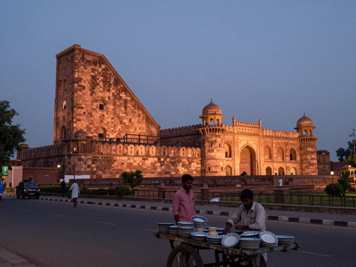 Hyderabad India street scene before dusk with stone observatory and copper light in in Hyderabad, India