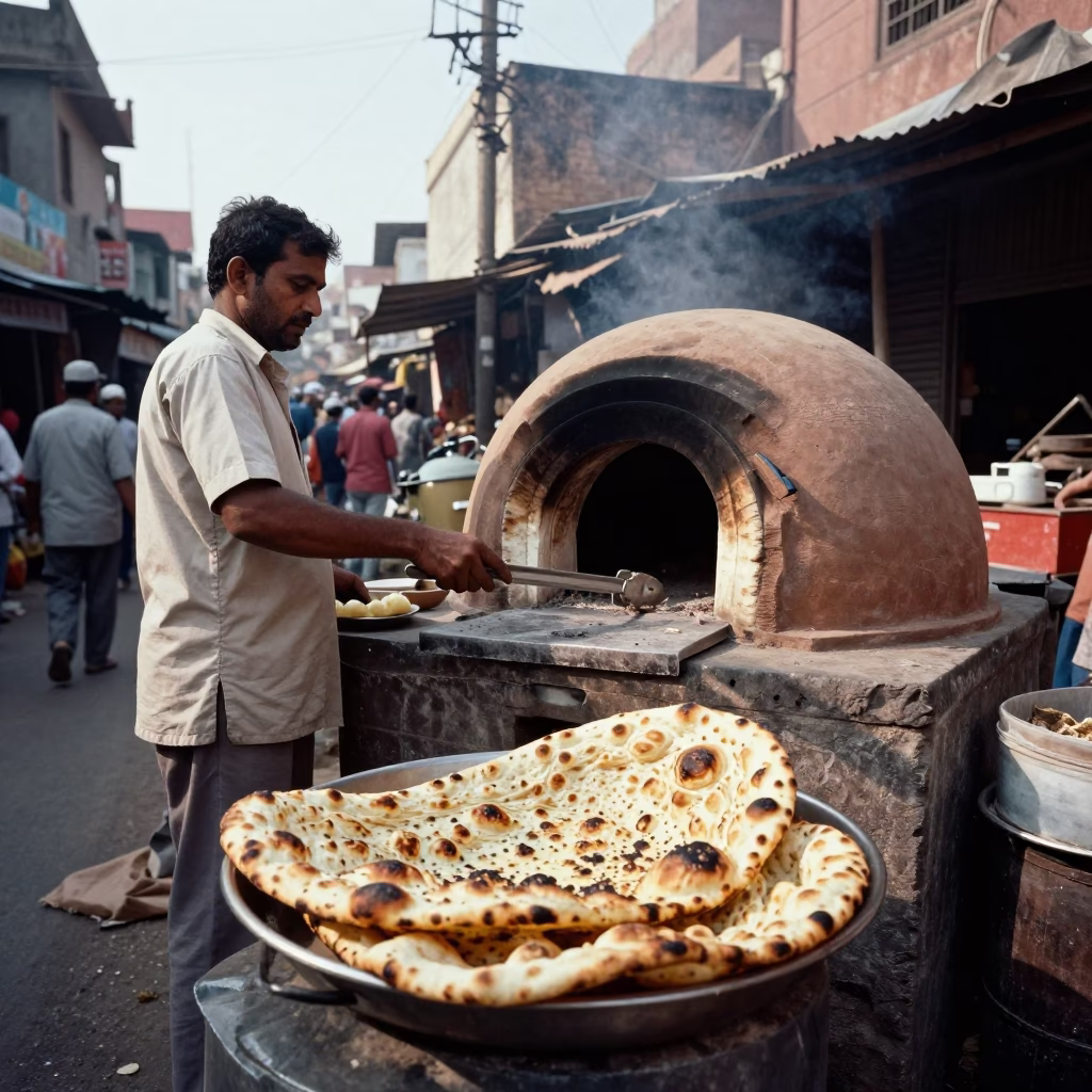 Hyderabad India Street Scene Early Afternoon with Tandoori Naan and Local Market Life in in Hyderabad, India