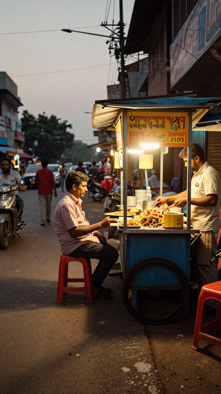 Hyderabad India street scene early evening with food vendor and local traffic in in Hyderabad, India