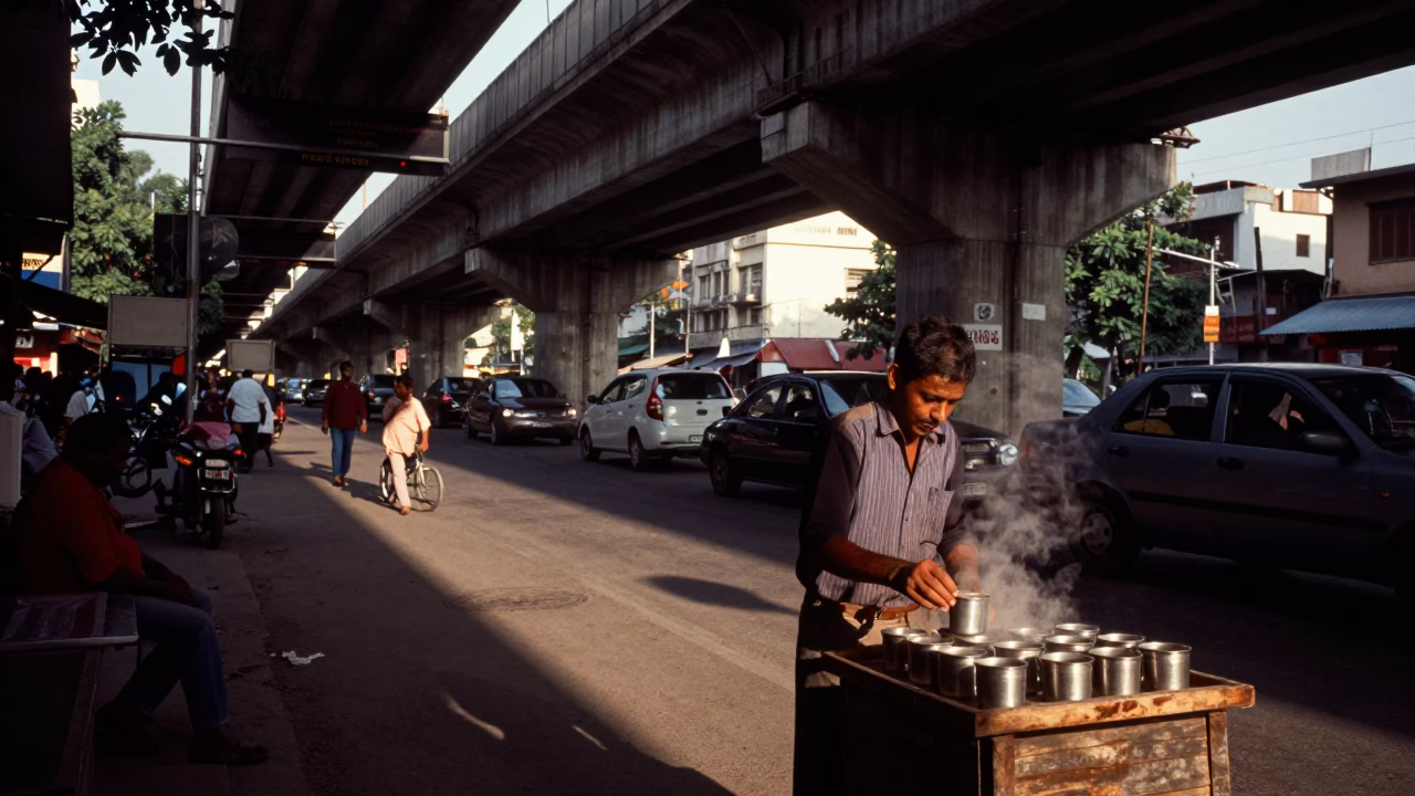 Hyderabad India Street Scene Evening Traffic Shadows and Traditional Tea Stall in in Hyderabad, India
