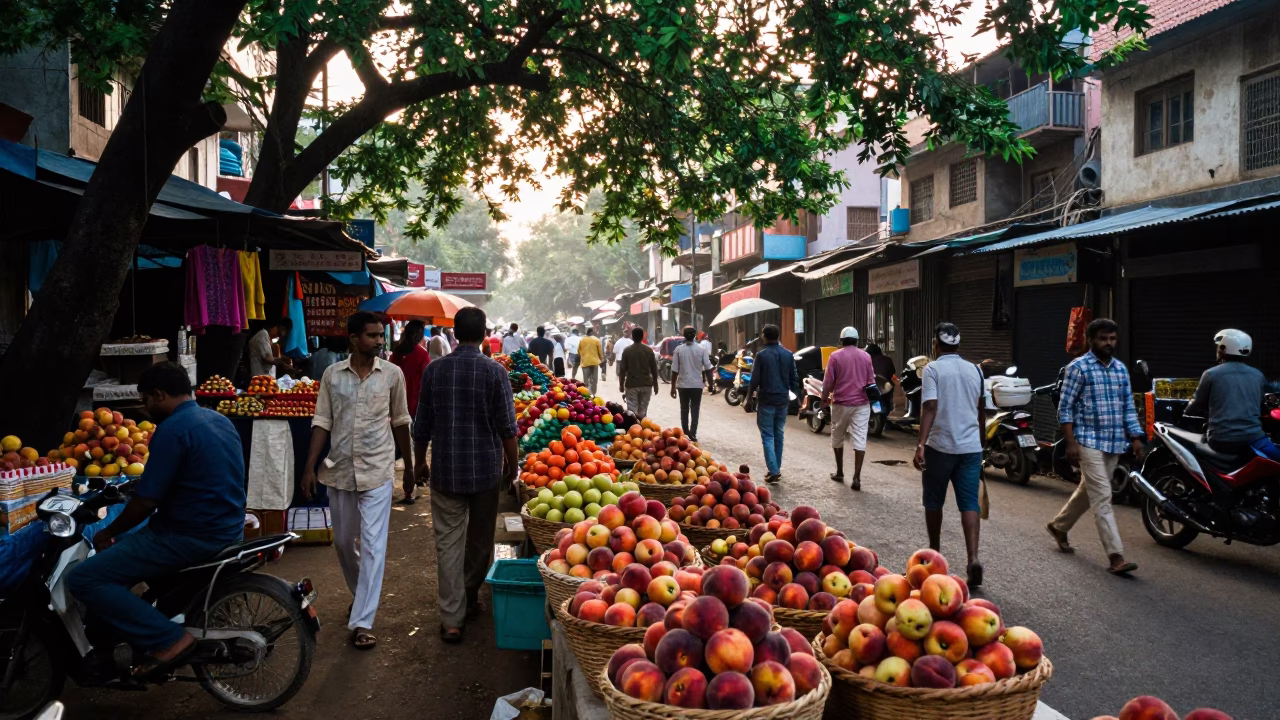 Hyderabad India street scene first light bustling market with colorful peaches and local vendors in in Hyderabad, India