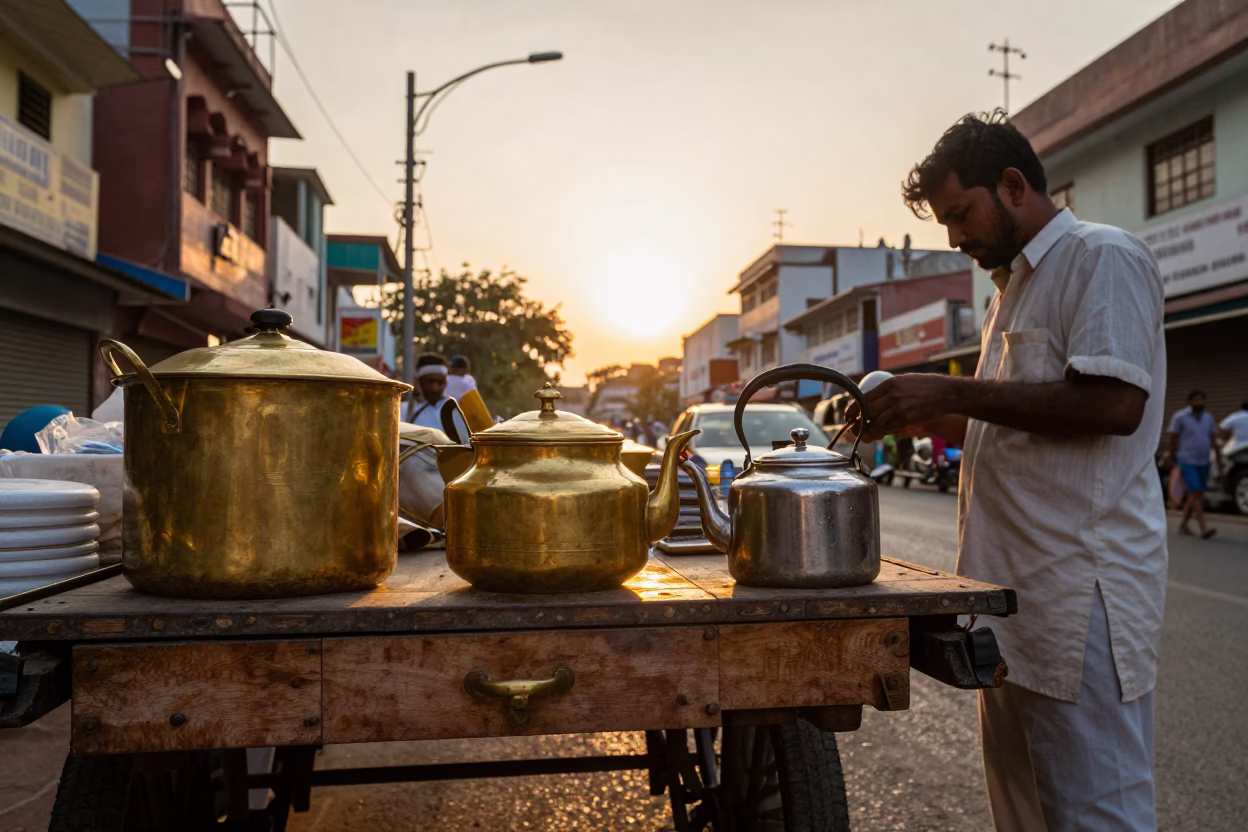 Hyderabad India Street Scene Golden Hour Brass Pot and Tea Kettle on Busy Corner in in Hyderabad, India