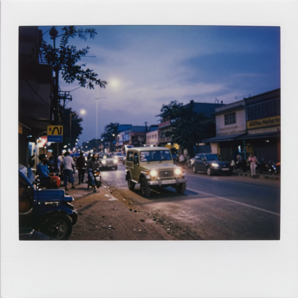 Hyderabad India Street Scene in Indigo Twilight with Cutlery and Vintage SUV in in Hyderabad, India