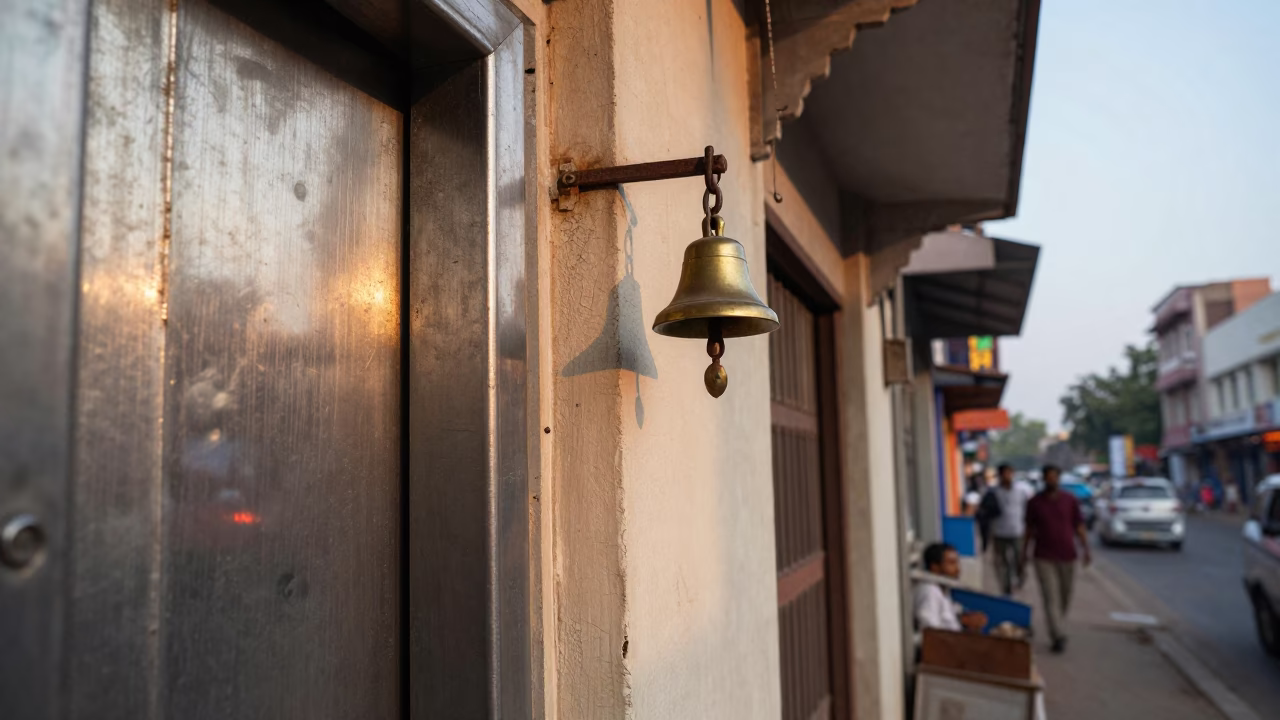 Hyderabad India Street Scene Just After Sunrise with Brushed Steel Doorframe and Bell in in Hyderabad, India