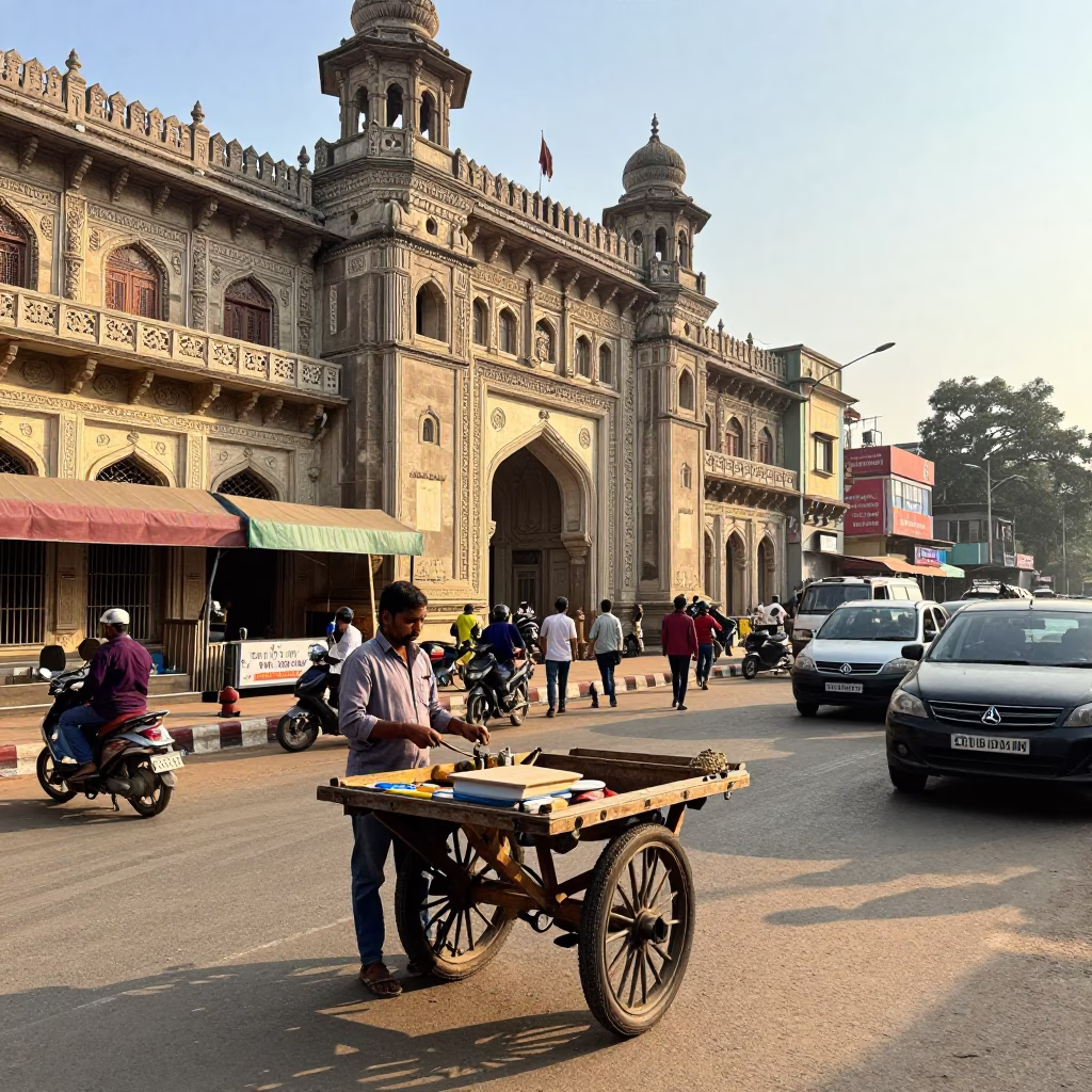 Hyderabad India street scene just after sunrise with local vendors and traffic in in Hyderabad, India