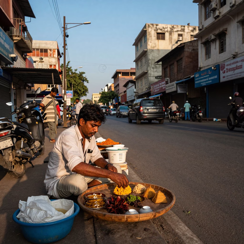 Hyderabad India Street Scene Late Afternoon Light with Local Vendor and Wooden Platter in in Hyderabad, India