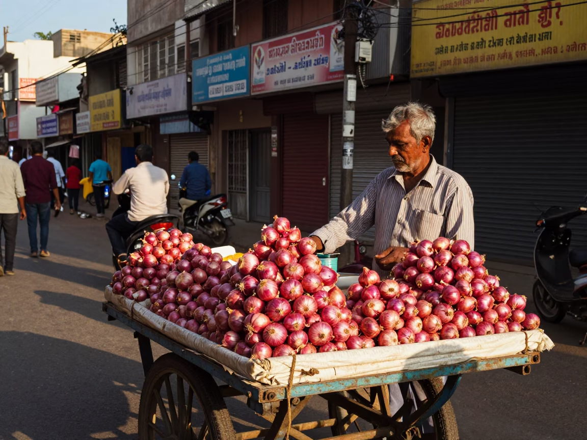 Hyderabad India Street Scene Late Afternoon Light with Onions and Kites in in Hyderabad, India