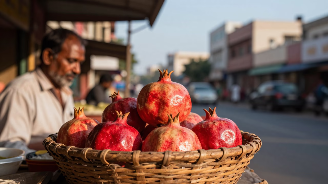 Hyderabad India Street Scene Late Afternoon Light with Pomegranate and Leather Ball in in Hyderabad, India