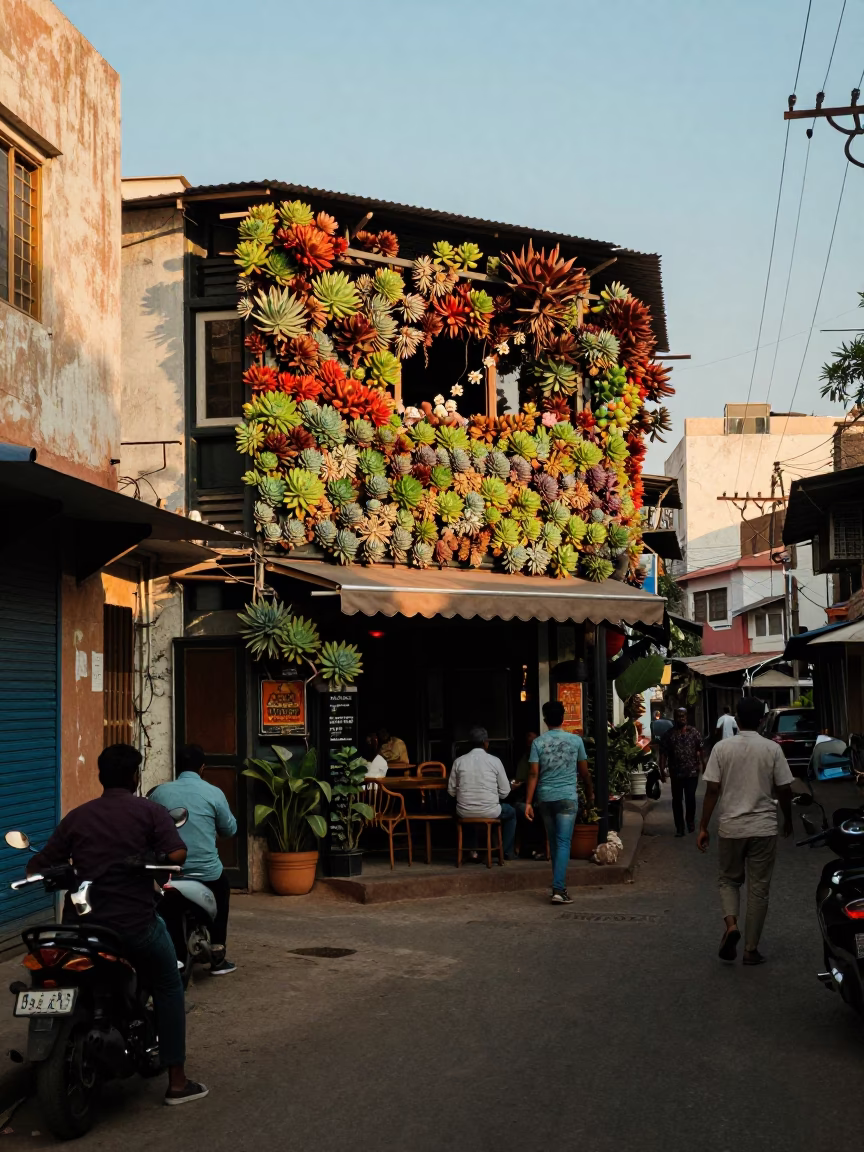Hyderabad India Street Scene Late Afternoon Light with Succulent Wall and Canisters in in Hyderabad, India