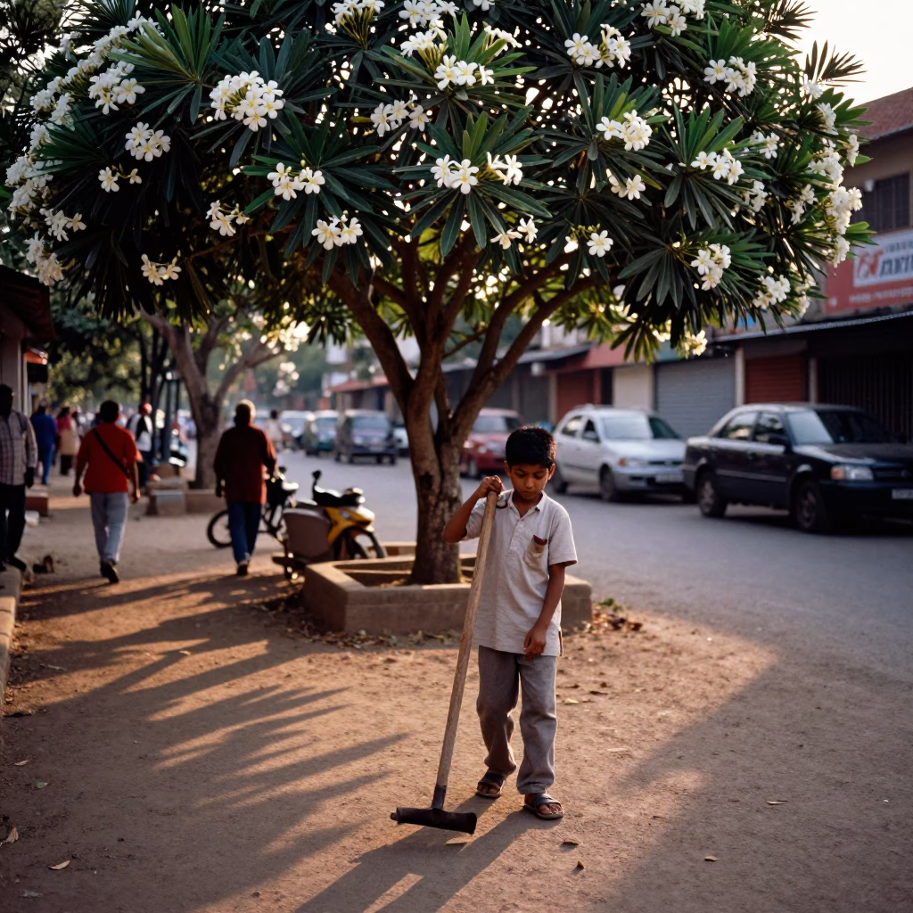 Hyderabad India Street Scene with Frangipani Tree in Honeyed Evening Light in in Hyderabad, India