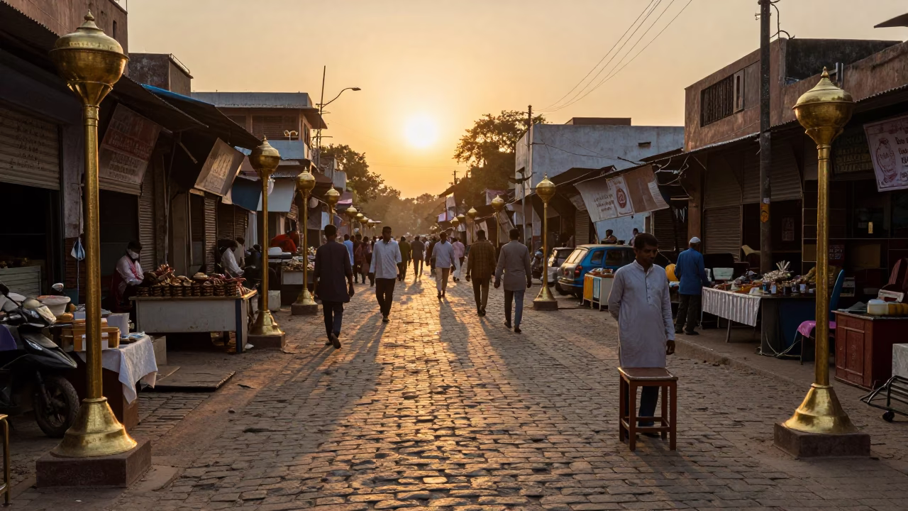 Hyderabad India street scene with hammered brass lamps and stool at sunset in in Hyderabad, India