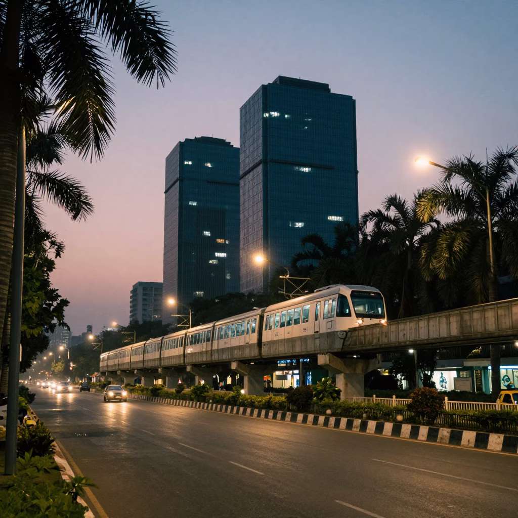 Hyderabad India Street Scene with Monorail and Palm Trees at Dusk in in Hyderabad, India