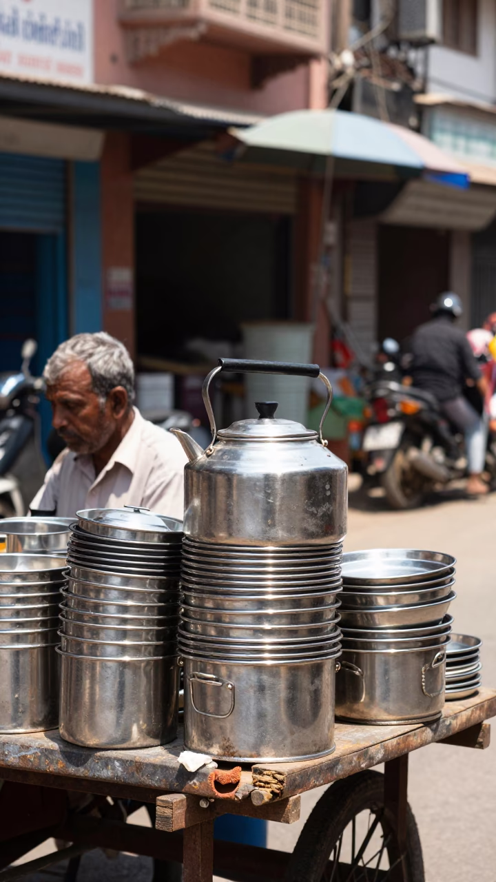 Hyderabad India Street Scene with Rustic Metal Kitchenware and Local Commerce in in Hyderabad, India