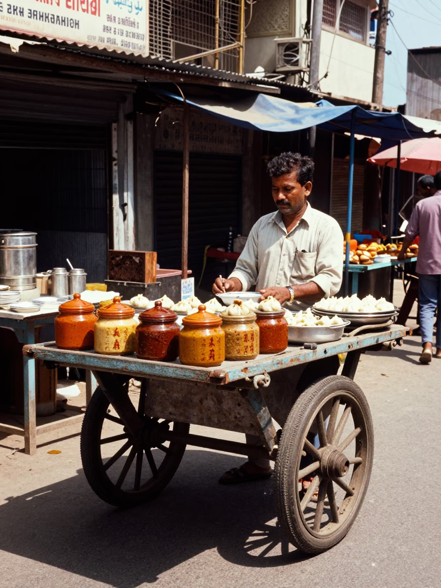 Hyderabad India street scene with spice jars and momos under noon glare in in Hyderabad, India