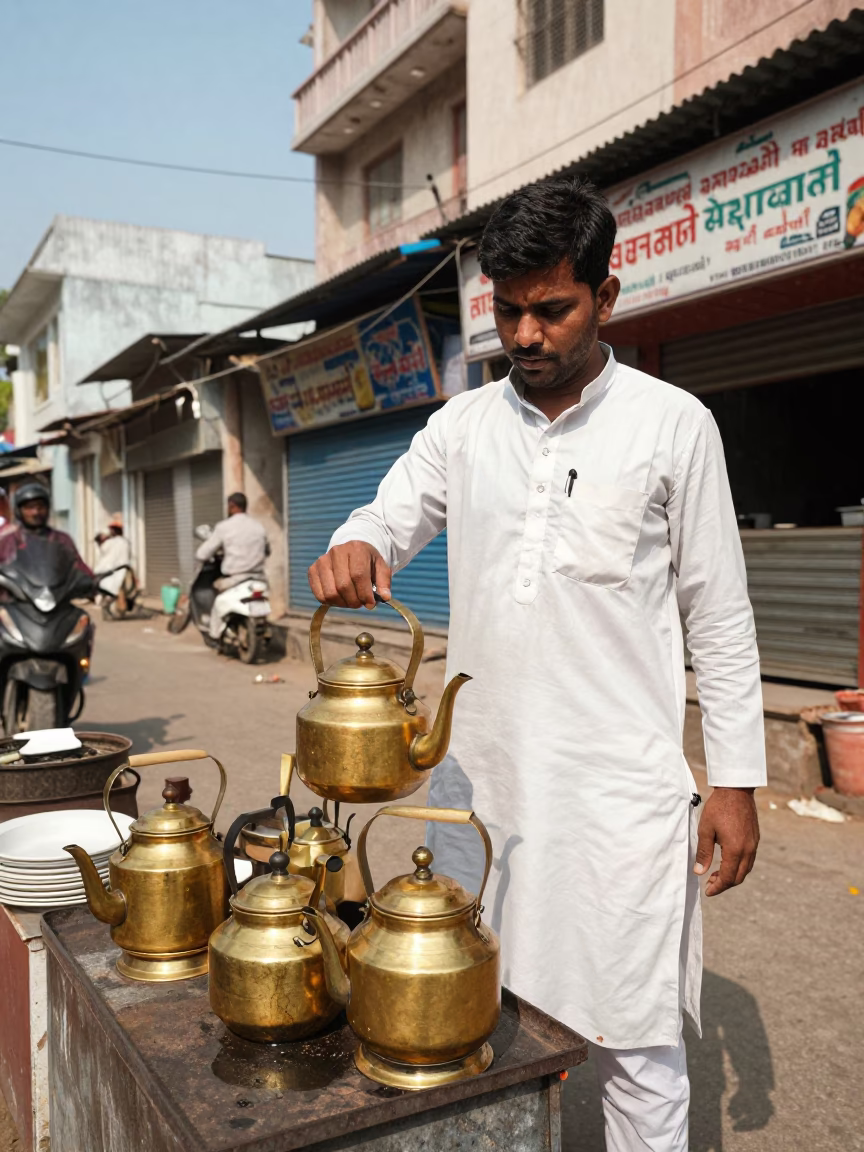 Hyderabad India street scene with tea kettles and local vendor at noon in in Hyderabad, India