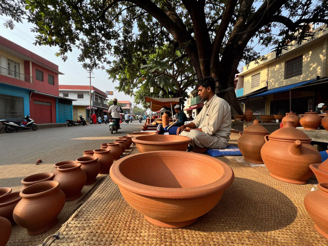 Hyderabad India Street Scene with Traditional Pottery and Local Commerce in in Hyderabad, India
