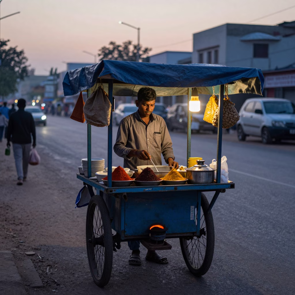 Hyderabad India street vendor breakfast stall before sunrise with spice jars and steam in in Hyderabad, India