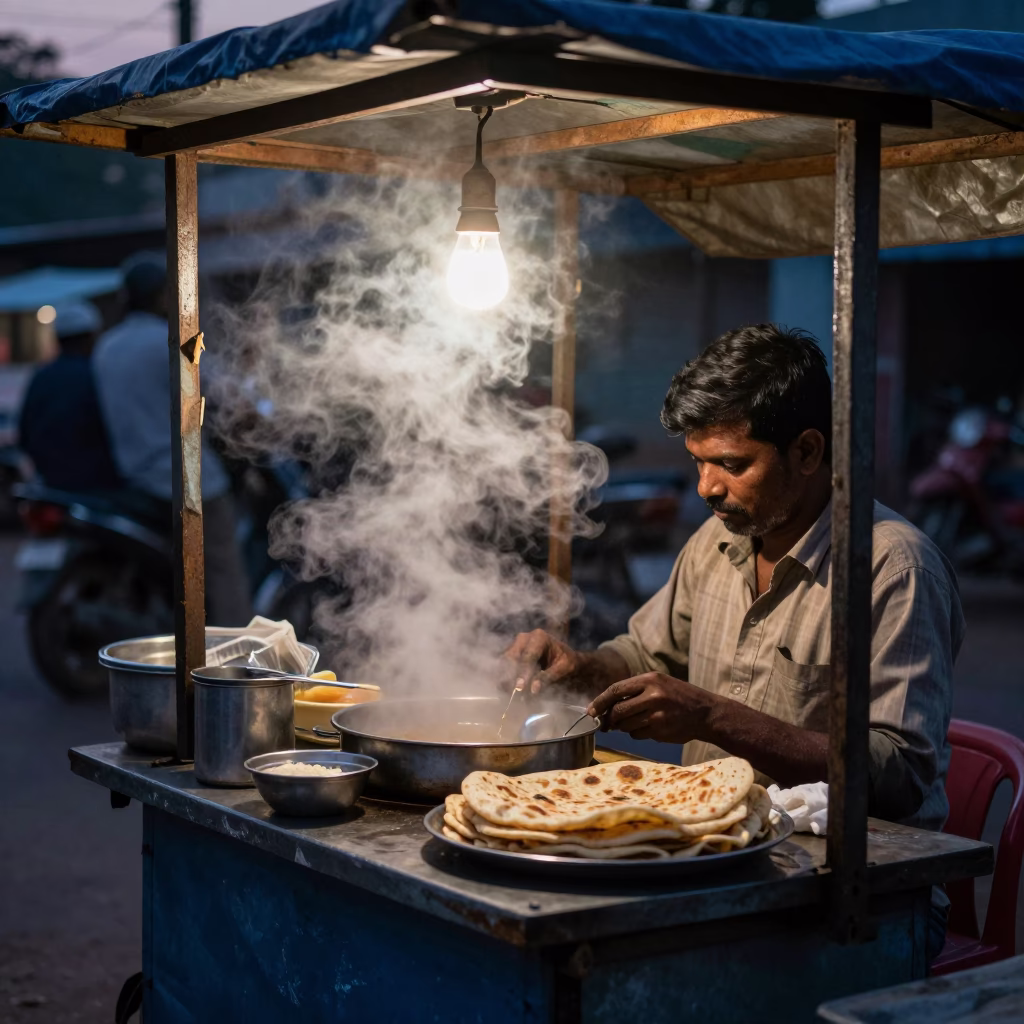 Hyderabad India street vendor pre-dawn breakfast stall with paratha and tea in in Hyderabad, India