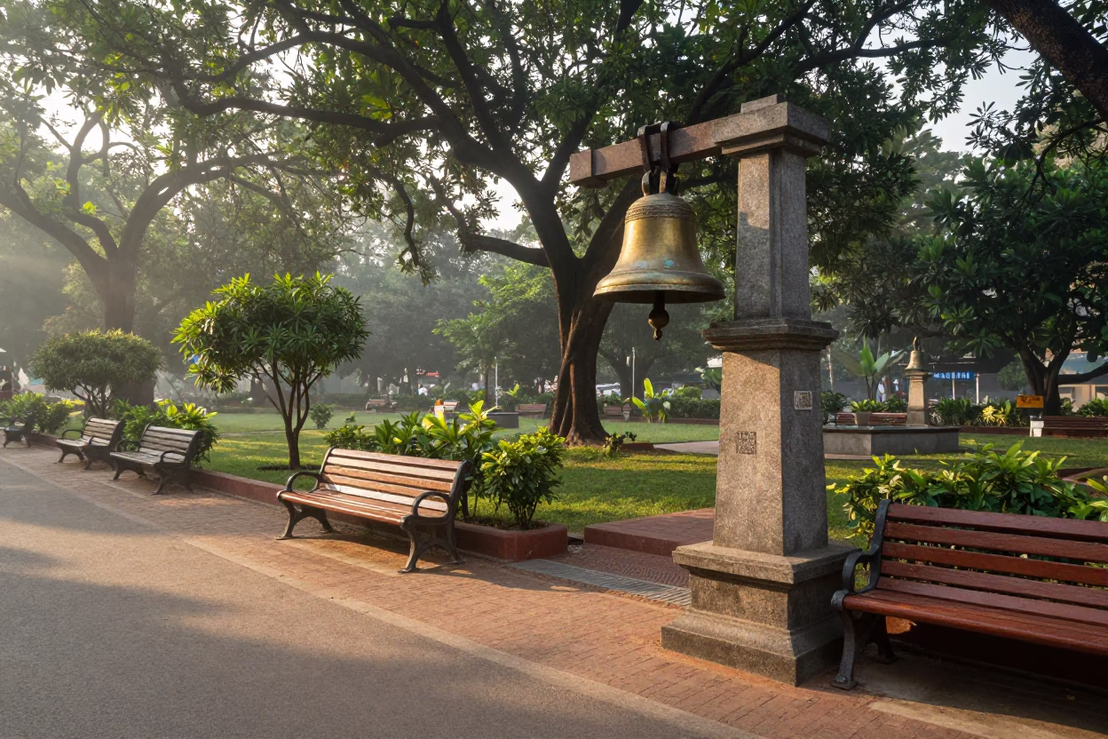 Hyderabad India Sunrise Street Scene with Bell and Garden Benches in in Hyderabad, India
