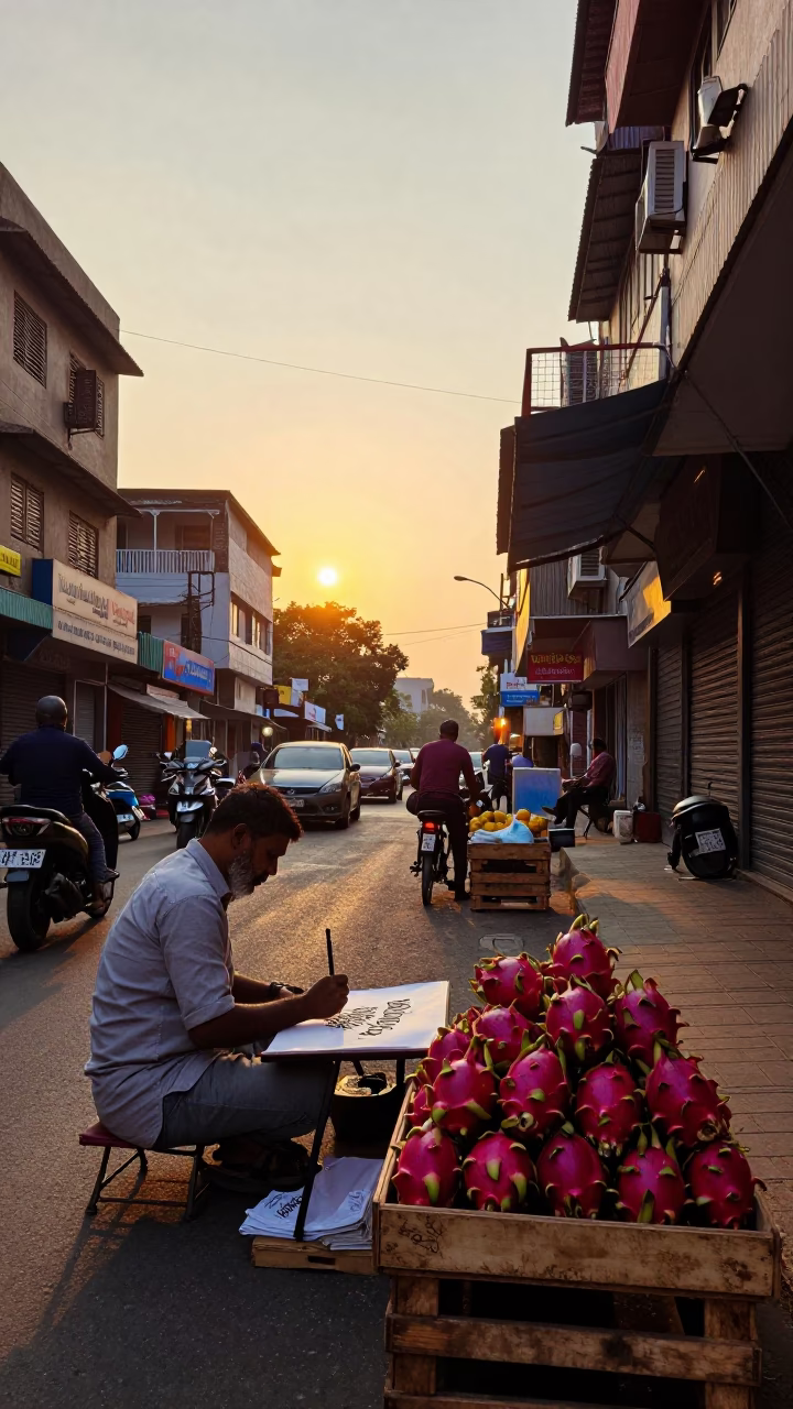 Hyderabad India Sunset Street Scene with Calligrapher and Dragon Fruit Vendor in in Hyderabad, India