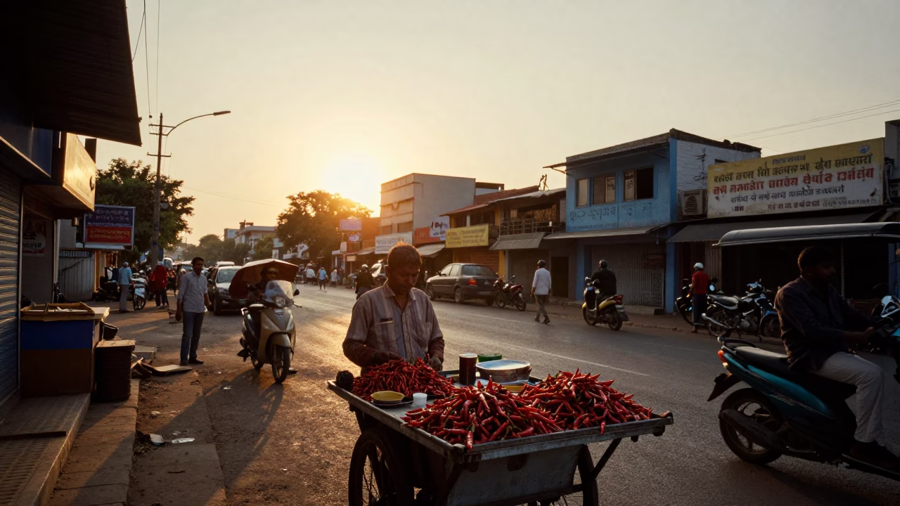 Hyderabad India Sunset Street Scene with Chili Peppers and Local Life in in Hyderabad, India