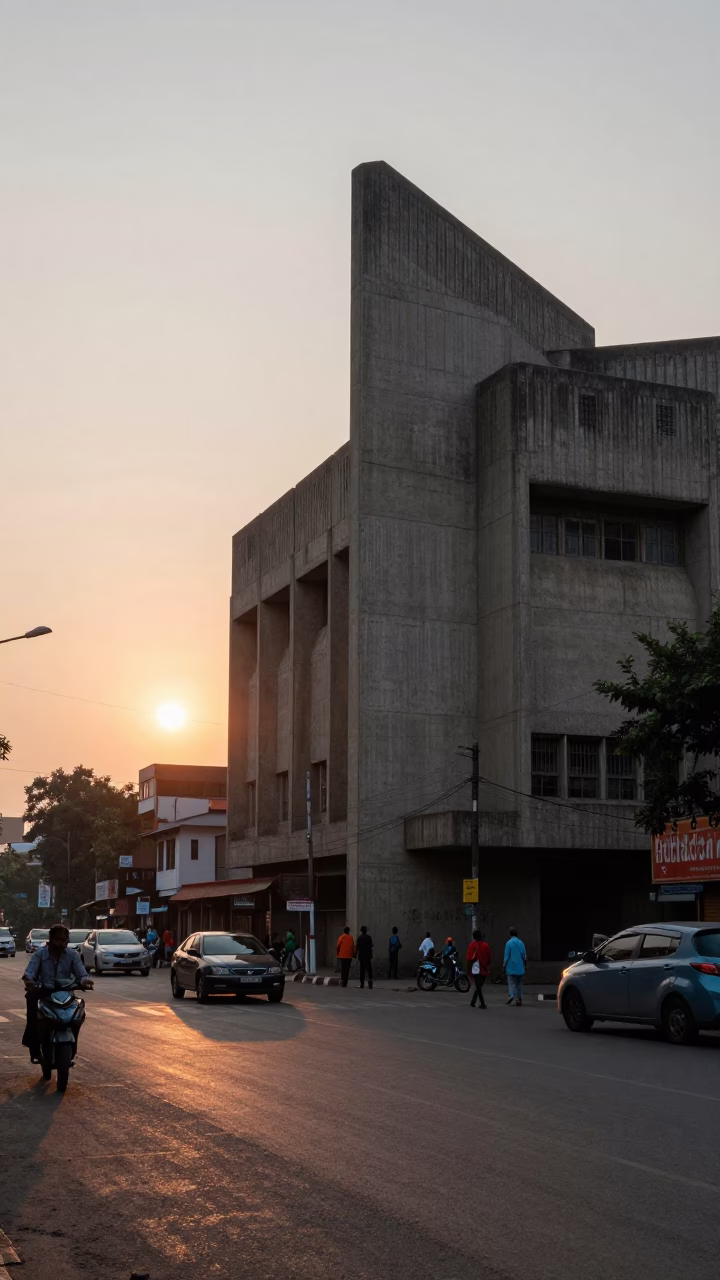 Hyderabad India Sunset Street Scene with Concrete Brutalist Architecture and Local Market Activity in in Hyderabad, India