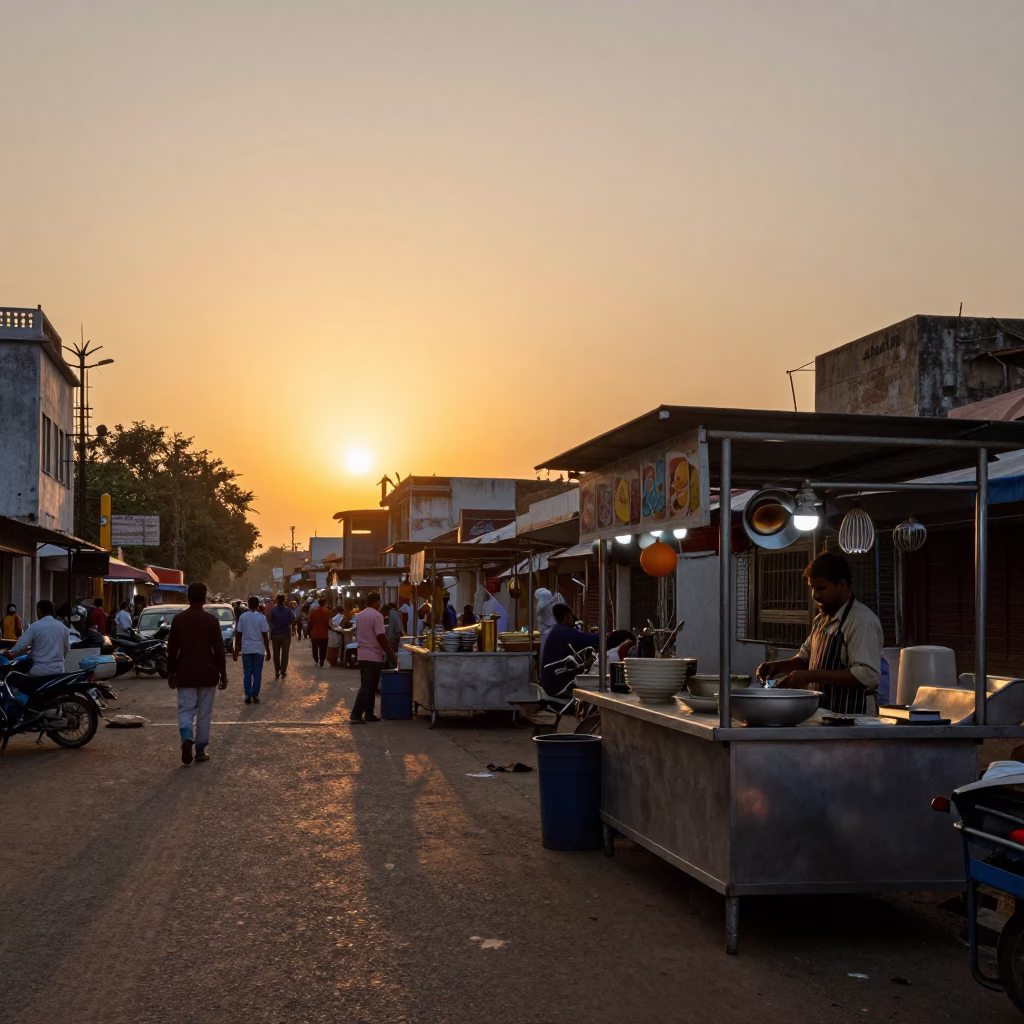 Hyderabad India Sunset Street Scene with Ladle and Ceramic Bowl at Local Food Stall in in Hyderabad, India