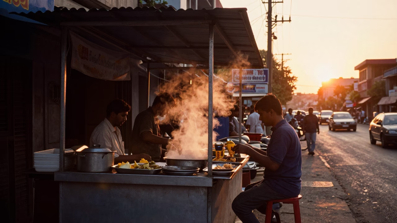 Hyderabad India Sunset Street Scene with Local Food and Vintage 1970s Atmosphere in in Hyderabad, India