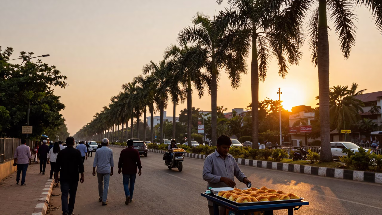 Hyderabad India Sunset Street Scene with Palm Tree Avenue and Local Street Food Vendor in in Hyderabad, India