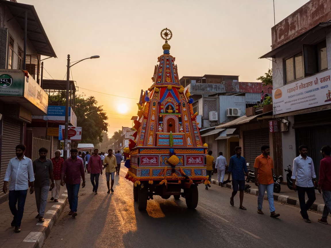 Hyderabad India Sunset Street Scene with Processional Float and Local Crowd in in Hyderabad, India