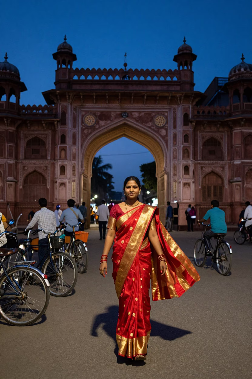 Hyderabad India Twilight Street Scene with Colorful Sarees and Bicycles at Falaknuma Palace Gates in in Hyderabad, India
