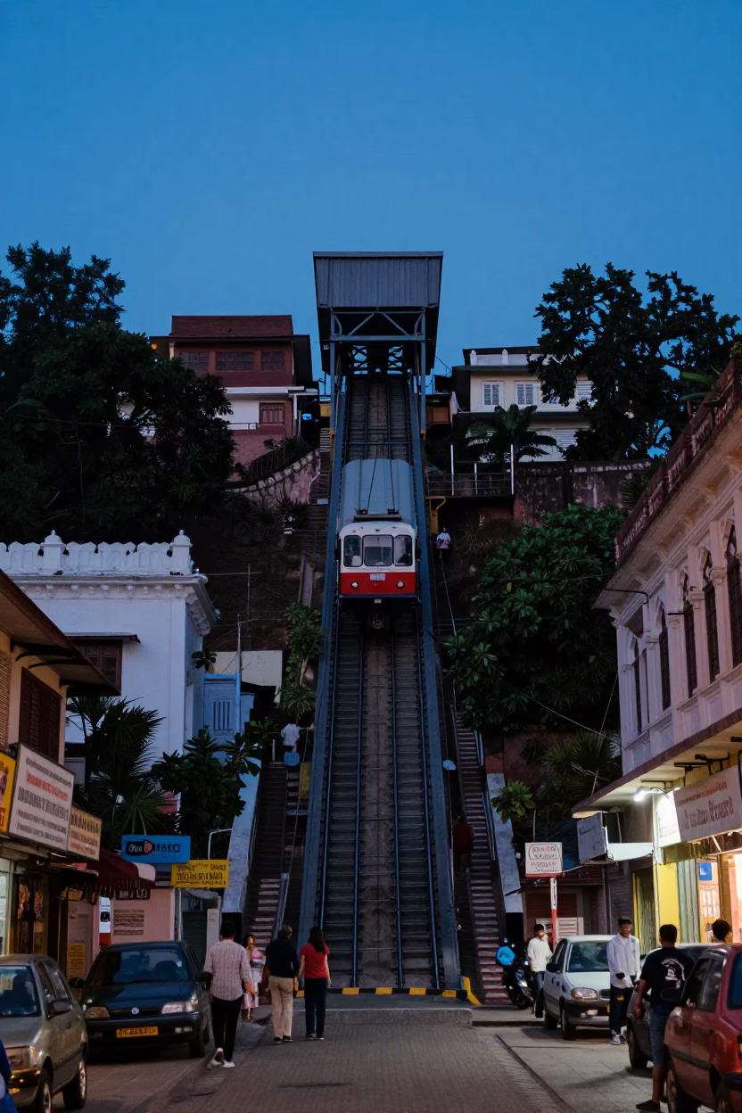 Hyderabad India Twilight Street Scene with Funicular Railway Climbing Steep Hill in in Hyderabad, India