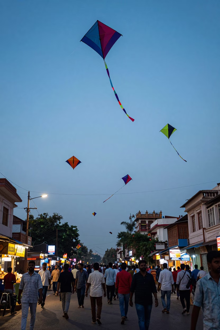 Hyderabad India Twilight Street Scene with Kite Festival and Traditional Architecture in in Hyderabad, India