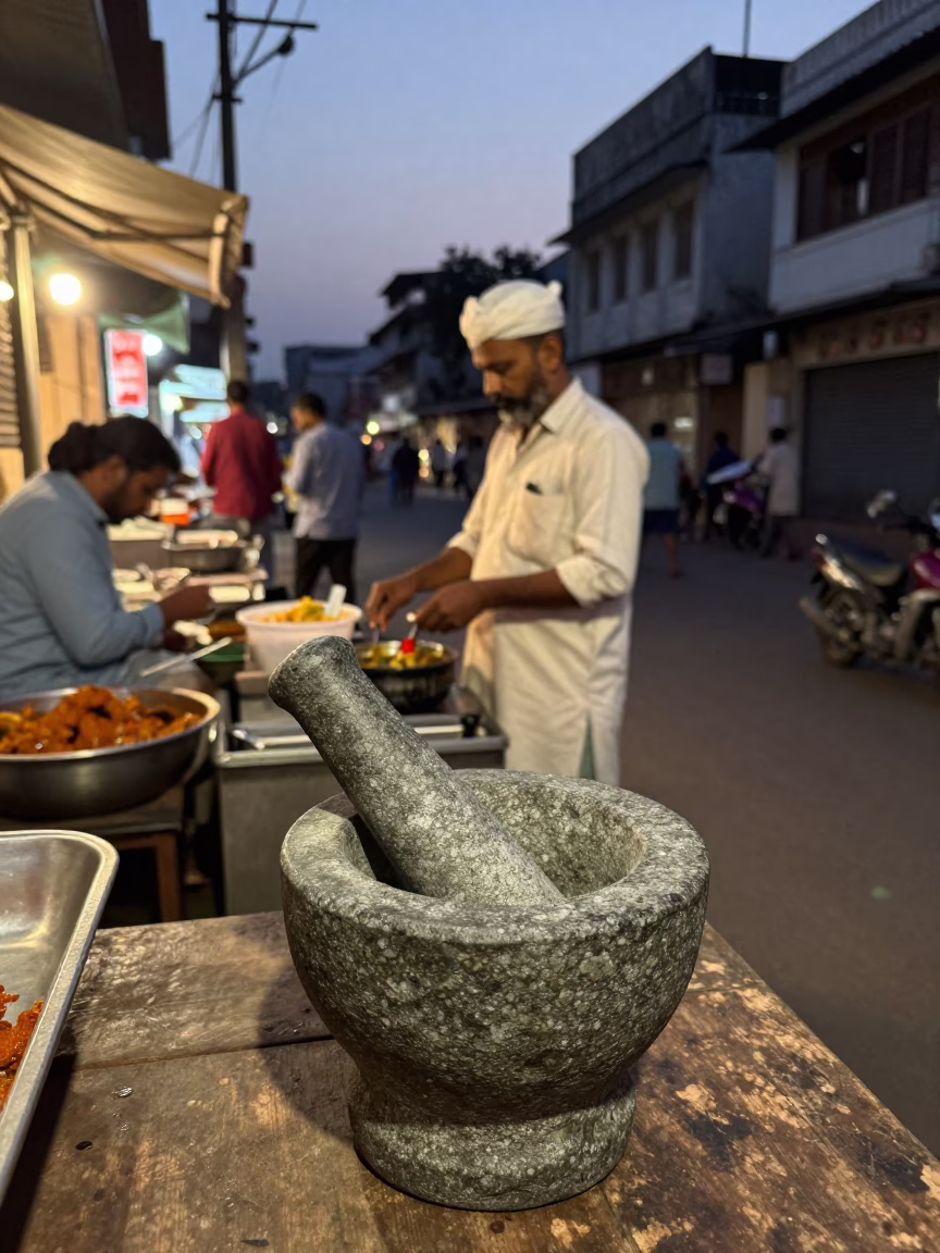 Hyderabad India Twilight Street Scene with Mortar and Pestle and Local Market Activity in in Hyderabad, India