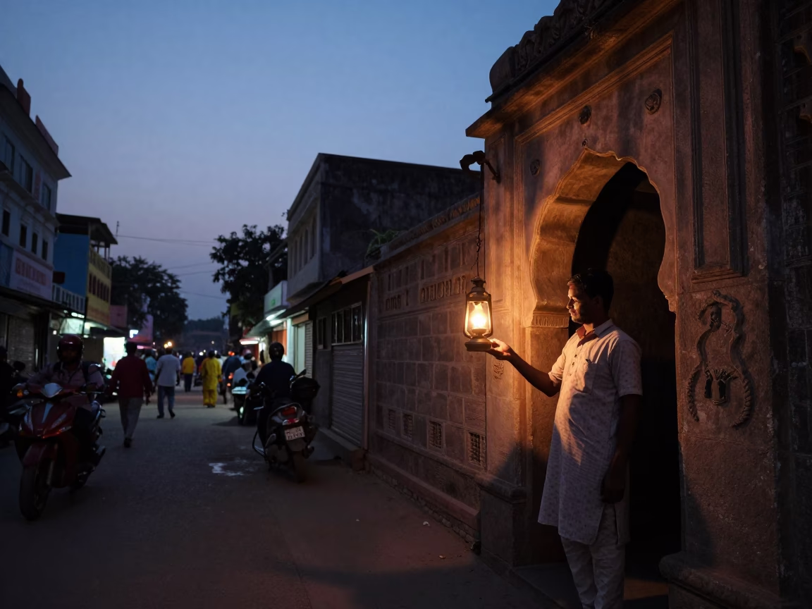 Hyderabad India Twilight Street Scene with Oil Lamp and Traditional Architecture in in Hyderabad, India