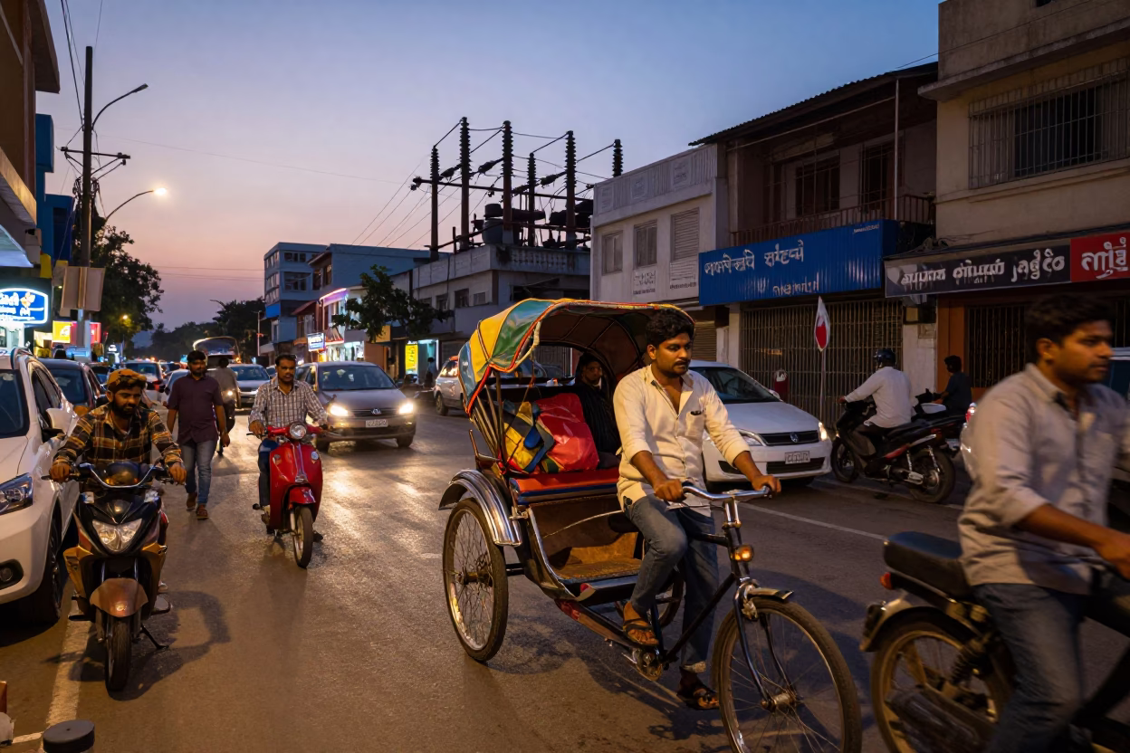Hyderabad India Twilight Street Scene with Rickshaw and Power Substation in in Hyderabad, India