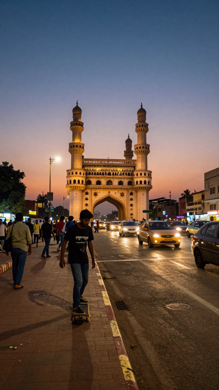Hyderabad India Twilight Street Scene with Skateboarder and Local Traffic in in Hyderabad, India