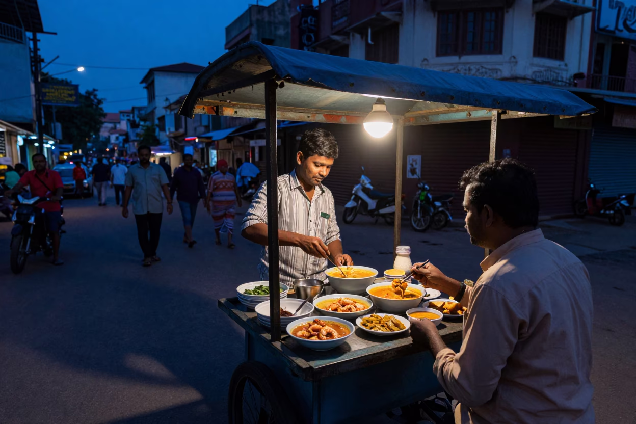 Hyderabad India Twilight Street Scene with Traditional Food and Local Life in in Hyderabad, India