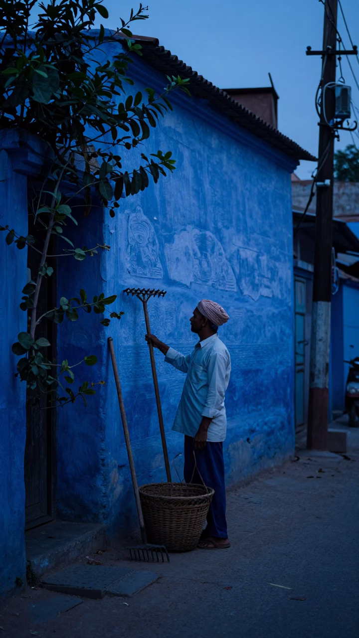 Hyderabad Indigo Twilight Street Scene with Basket and Garden Rake in in Hyderabad, India