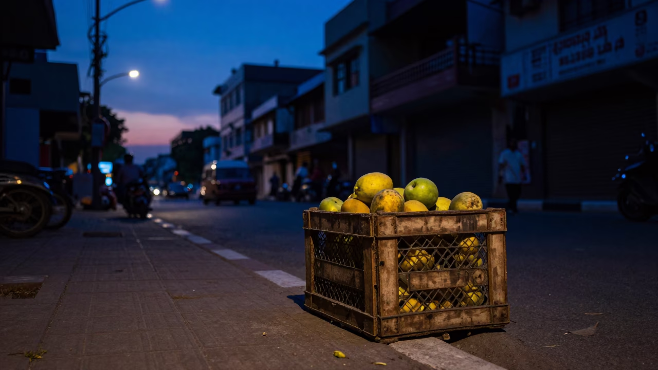 Hyderabad indigo twilight street scene with fruit crate and distant city lights in in Hyderabad, India