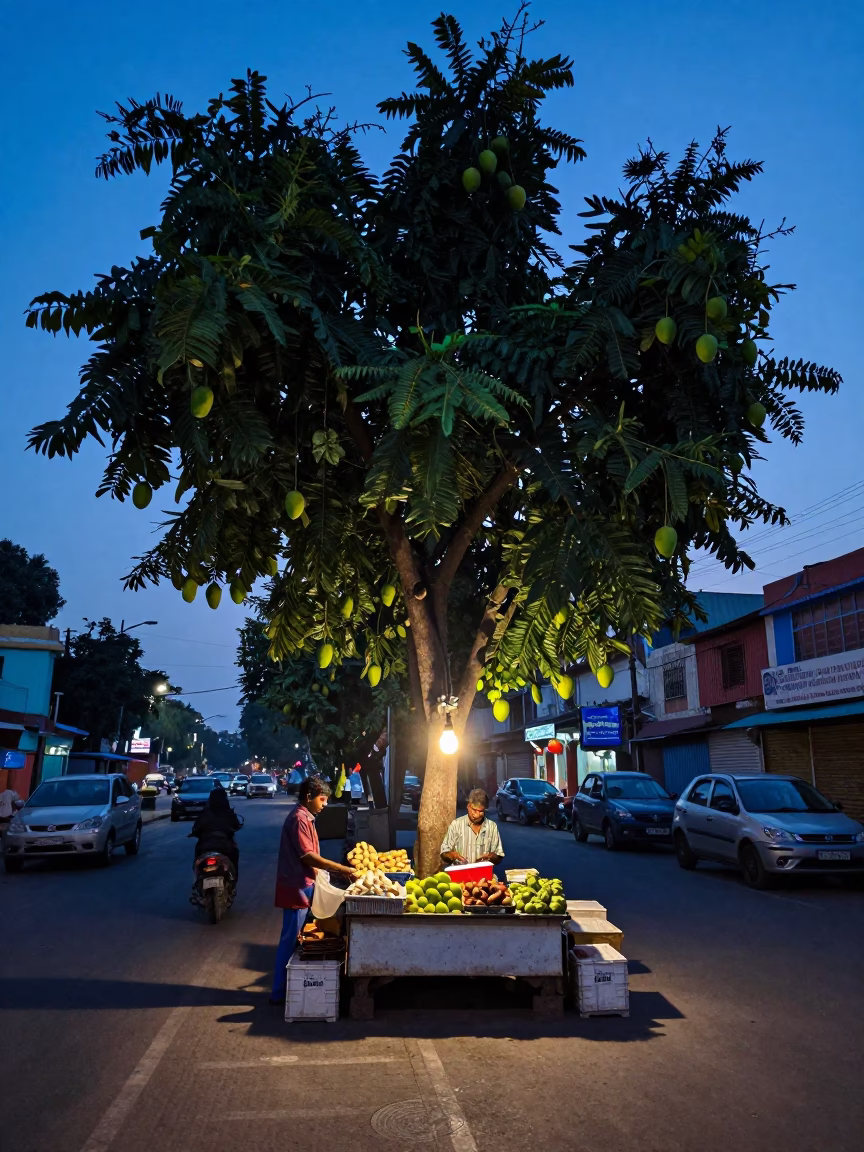 Hyderabad Indigo Twilight Street Scene with Mango Tree and Steel Chair in in Hyderabad, India