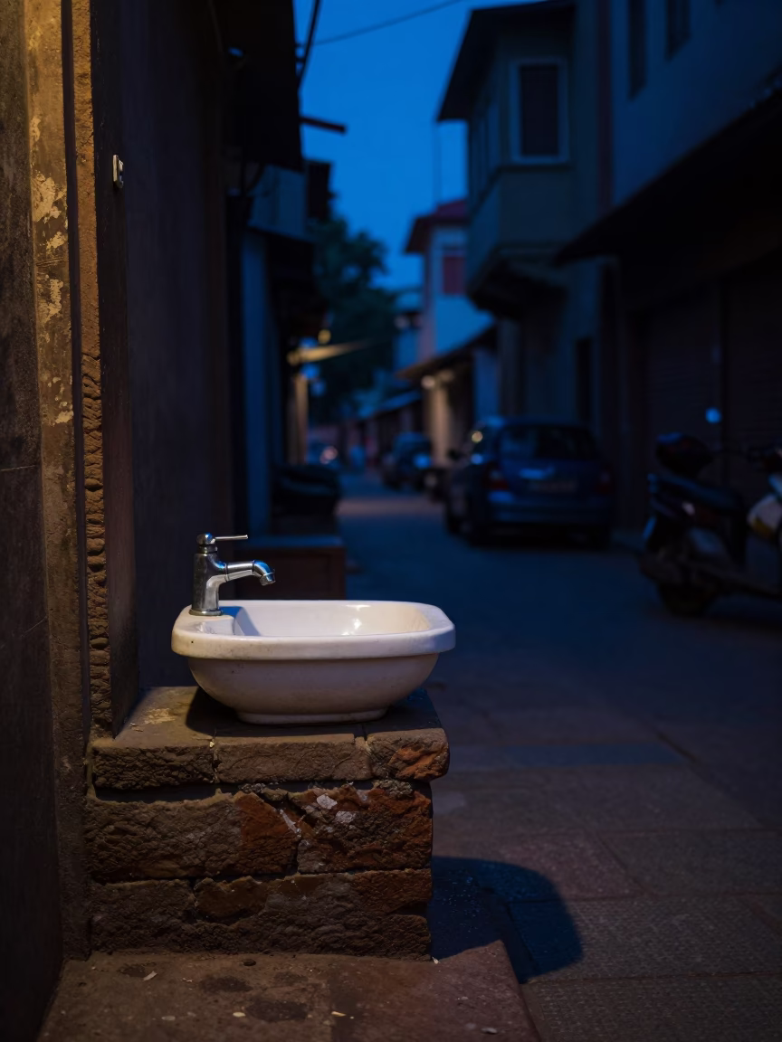 Hyderabad Indigo Twilight Street Scene with Wash Basin and Grease Sheen on Tile in in Hyderabad, India