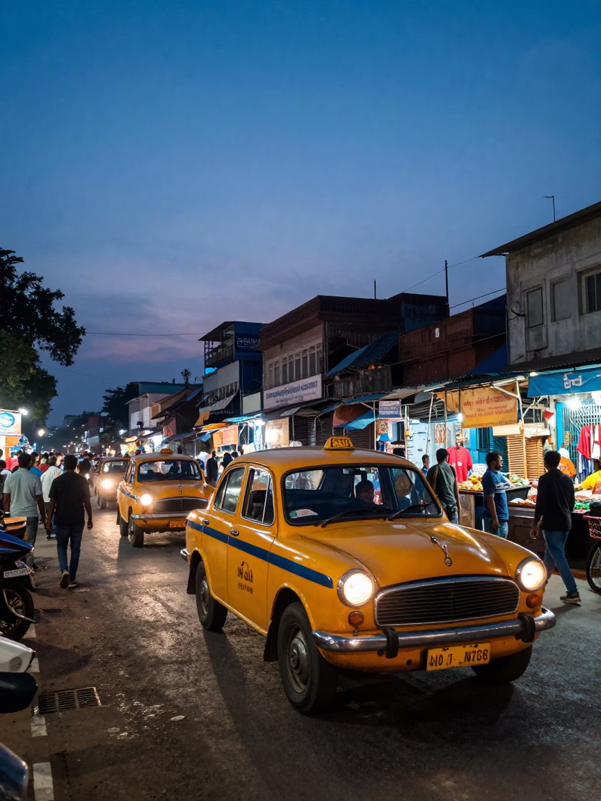 Hyderabad Indigo Twilight Street Scene with Yellow Taxi and Local Market Activity in in Hyderabad, India