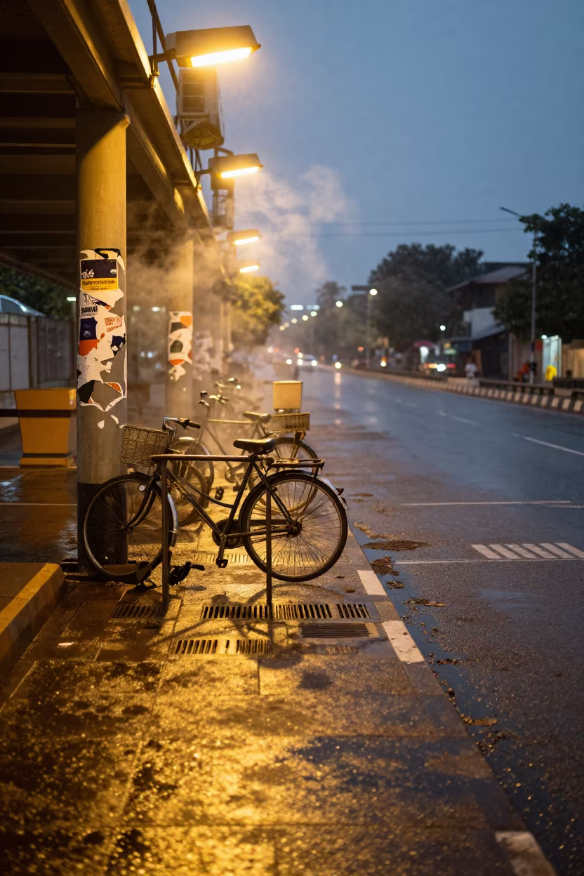 Hyderabad Metro Bike Rack Under Street Lamps in outside a metro entrance in Hyderabad