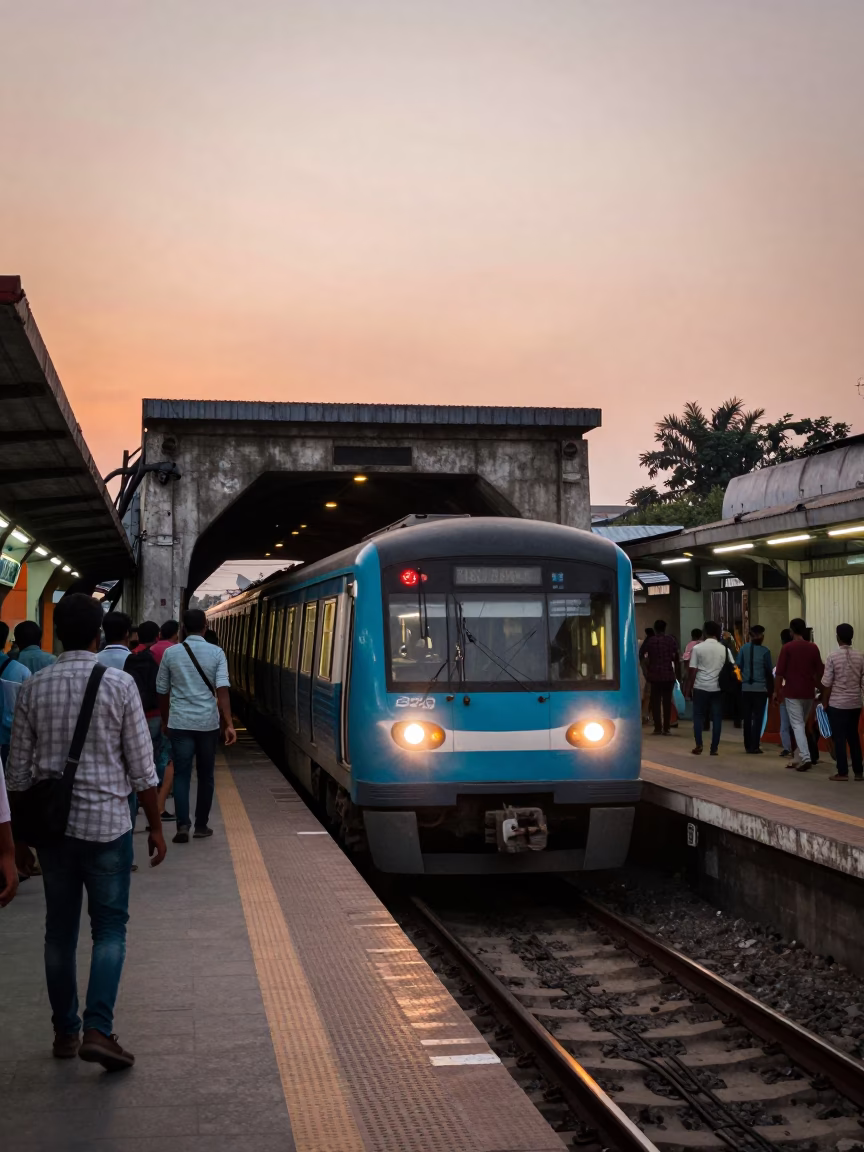 Hyderabad Metro Train Emerging from Tunnel at Sunset with Urban Skyline in in Hyderabad, India