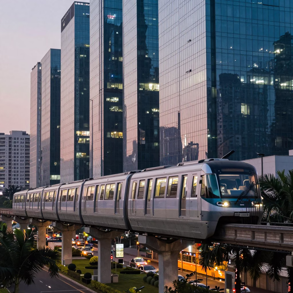 Hyderabad Monorail Gliding Past Glass Towers and Palm Trees at Twilight in in Hyderabad, India