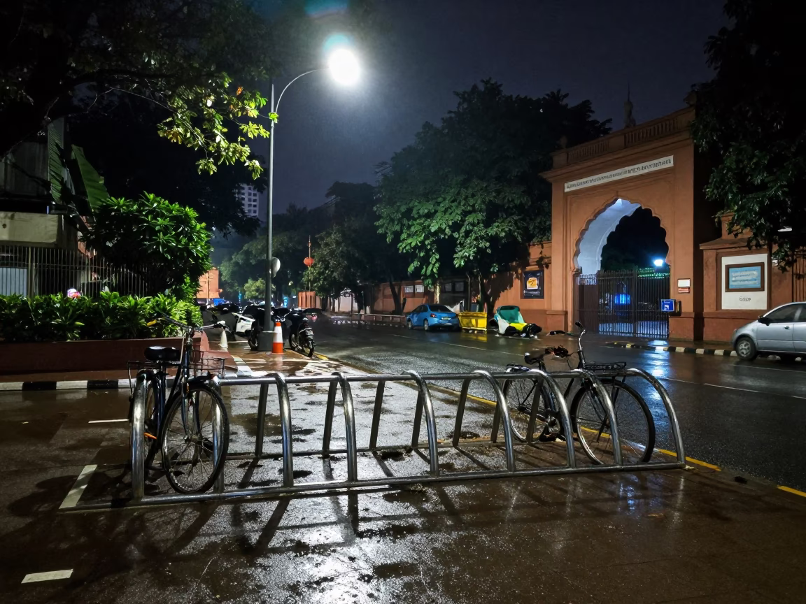 Hyderabad Night Street Scene with Bicycle Rack and Tea Stains in India in in Hyderabad, India